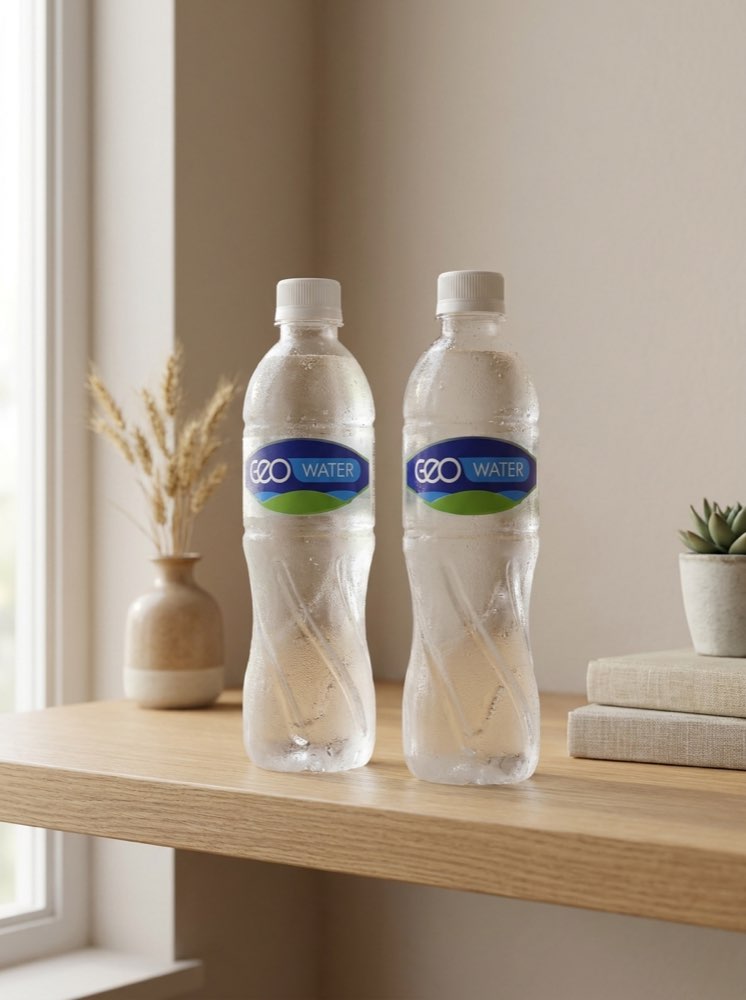 Two GEO Water bottles resting on a home shelf