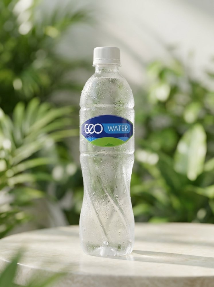 A GEO Water bottle on pale stone against soft greenery in morning light