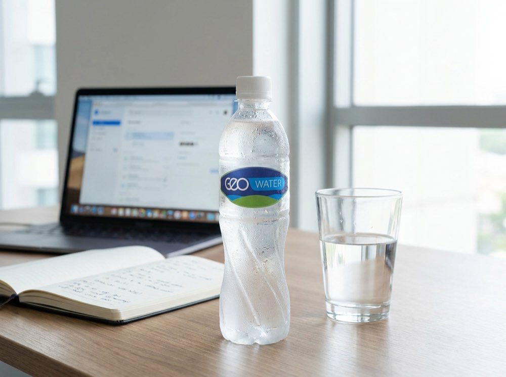 A GEO Water bottle beside a glass of water on a desk
